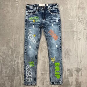 Evolution In Design Graffiti Acid Wash Slim Distressed Jeans Womens Size 20